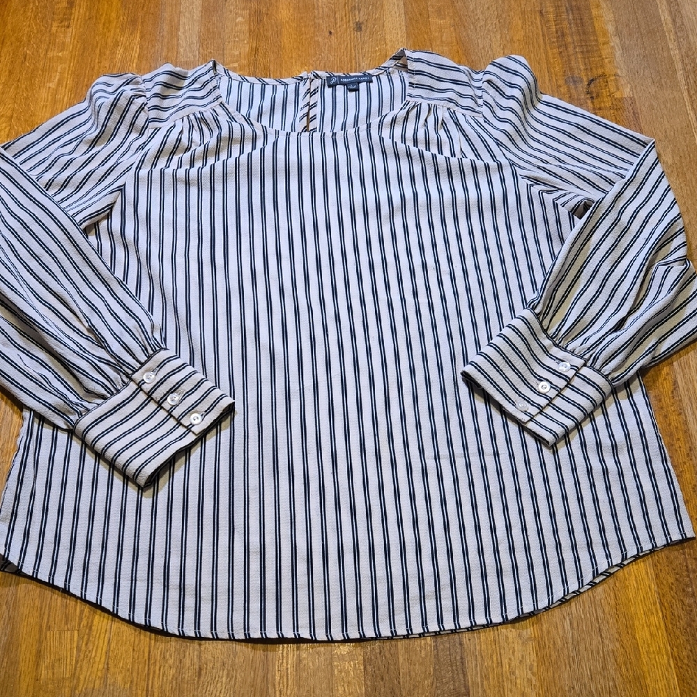 Adrianna Papell Women Large Black Cream Striped Round Neck Long Sleeve Blouse